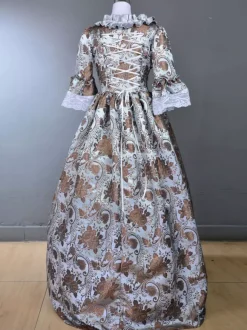Robe Vintage Costumes Rétro Gris Clair Volants Imprimé Fleuri Marie Antoinette Robe Tunique Royale Femme 18ème Siècle Déguisement Médiéval