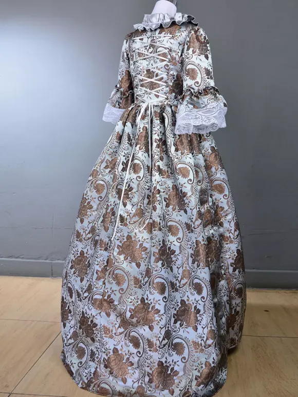 Robe Vintage Costumes Rétro Gris Clair Volants Imprimé Fleuri Marie Antoinette Robe Tunique Royale Femme 18ème Siècle Déguisement Médiéval