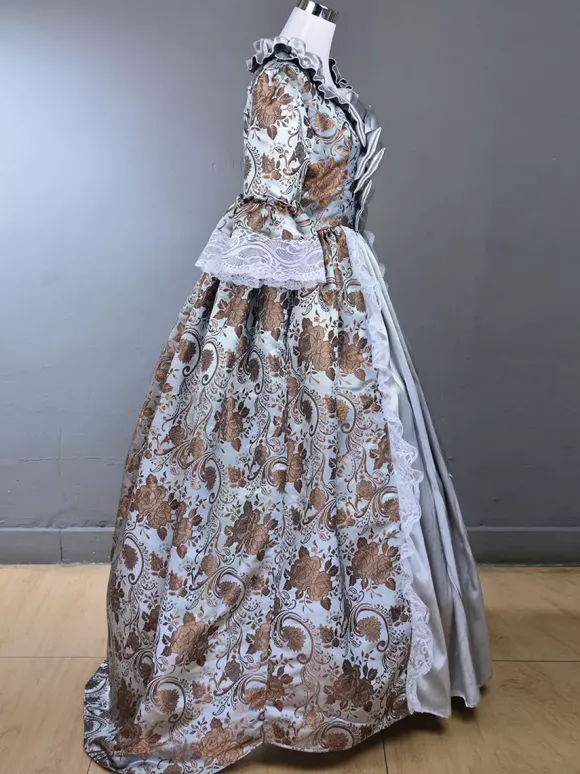 Robe Vintage Costumes Rétro Gris Clair Volants Imprimé Fleuri Marie Antoinette Robe Tunique Royale Femme 18ème Siècle Déguisement Médiéval