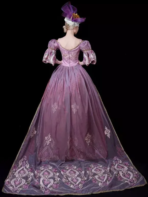 Robe Vintage Costumes Rétro Rose Fuchsia Robe Brodé Costume Marie Antoinette Tunique Royale Femme Robe De Bal Déguisement Médiéval