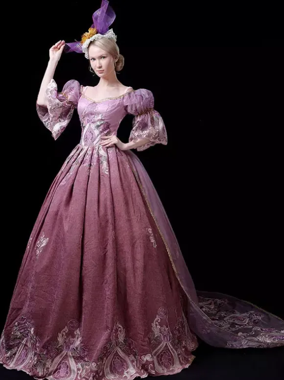 Robe Vintage Costumes Rétro Rose Fuchsia Robe Brodé Costume Marie Antoinette Tunique Royale Femme Robe De Bal Déguisement Médiéval