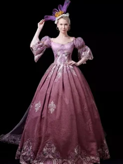 Robe Vintage Costumes Rétro Rose Fuchsia Robe Brodé Costume Marie Antoinette Tunique Royale Femme Robe De Bal Déguisement Médiéval