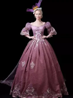 Robe Vintage Costumes Rétro Rose Fuchsia Robe Brodé Costume Marie Antoinette Tunique Royale Femme Robe De Bal Déguisement Médiéval