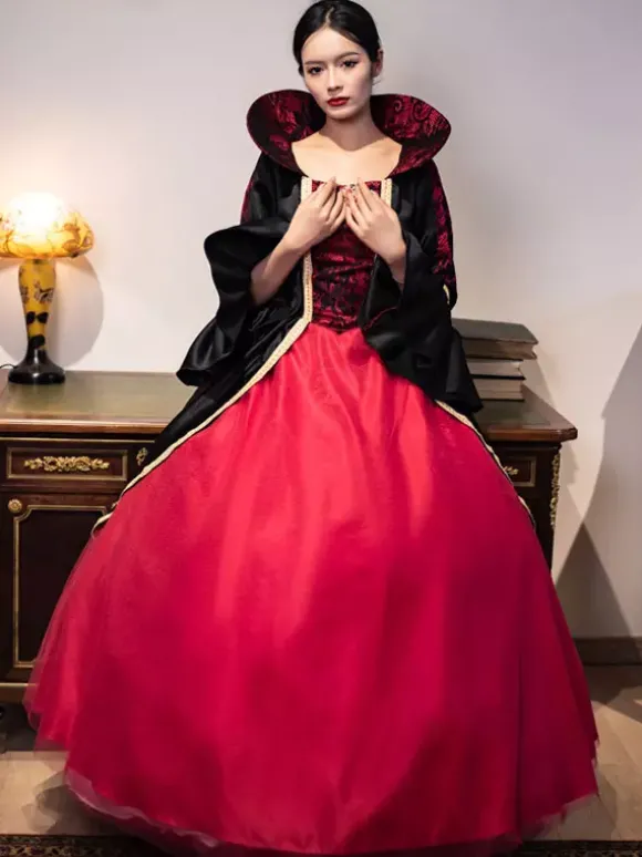 Robe Vintage Costumes Rétro Bordeaux Robe Tunique En Dentelle Pour Femmes Royal Marie Antoinette Robe De Bal De Mascarade Déguisement Médiéval Bourgogne