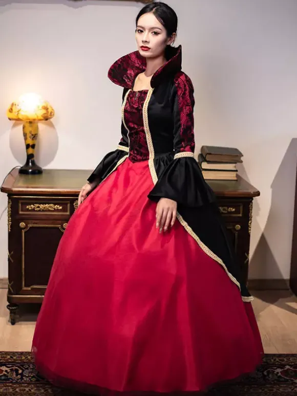 Robe Vintage Costumes Rétro Bordeaux Robe Tunique En Dentelle Pour Femmes Royal Marie Antoinette Robe De Bal De Mascarade Déguisement Médiéval Bourgogne
