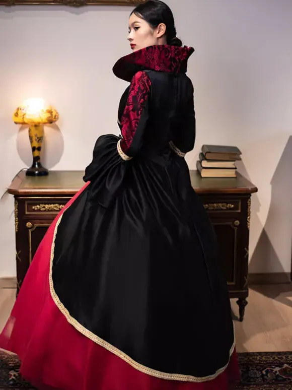 Robe Vintage Costumes Rétro Bordeaux Robe Tunique En Dentelle Pour Femmes Royal Marie Antoinette Robe De Bal De Mascarade Déguisement Médiéval Bourgogne