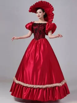 Robe Vintage Costumes Rétro Bordeaux Robe En Dentelle Costume Marie Antoinette Tunique Royale Pour Femme Déguisement Médiéval Bourgogne
