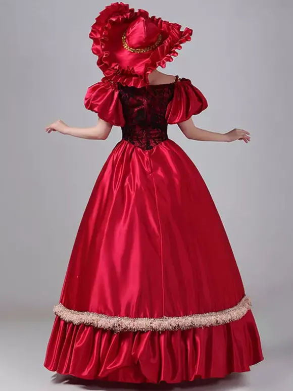 Robe Vintage Costumes Rétro Bordeaux Robe En Dentelle Costume Marie Antoinette Tunique Royale Pour Femme Déguisement Médiéval Bourgogne