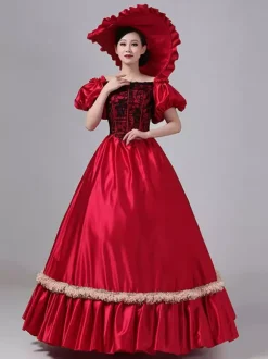 Robe Vintage Costumes Rétro Bordeaux Robe En Dentelle Costume Marie Antoinette Tunique Royale Pour Femme Déguisement Médiéval Bourgogne