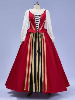 Robe vintage en satin rouge à manches longues pour femme costume de cosplay Renaissance Bourgogne
