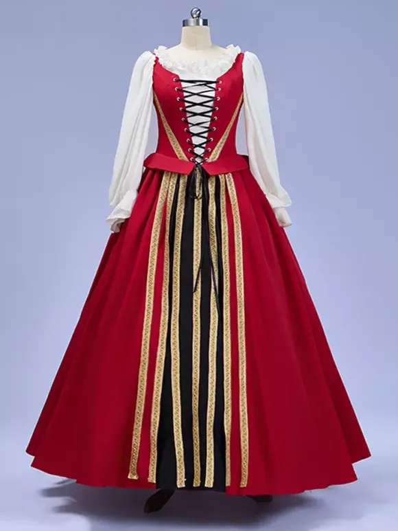 Robe vintage en satin rouge à manches longues pour femme costume de cosplay Renaissance Bourgogne