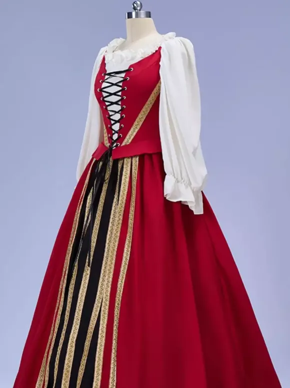 Robe vintage en satin rouge à manches longues pour femme costume de cosplay Renaissance Bourgogne