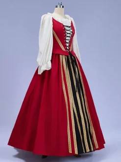 Robe vintage en satin rouge à manches longues pour femme costume de cosplay Renaissance Bourgogne