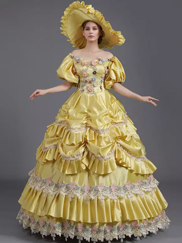 Robe vintage jaune en dentelle et polyester chapeau en dentelle costume victorien pour femme du XVIIIe siècle