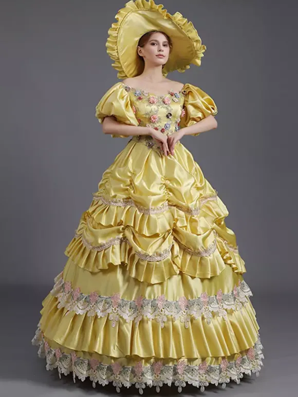 Robe vintage jaune en dentelle et polyester chapeau en dentelle costume victorien pour femme du XVIIIe siècle