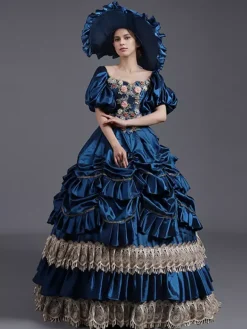 Robe vintage jaune en dentelle et polyester chapeau en dentelle costume victorien pour femme du XVIIIe siècle