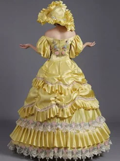 Robe vintage jaune en dentelle et polyester chapeau en dentelle costume victorien pour femme du XVIIIe siècle