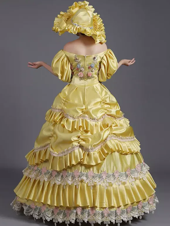 Robe vintage jaune en dentelle et polyester chapeau en dentelle costume victorien pour femme du XVIIIe siècle