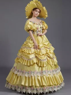 Robe vintage jaune en dentelle et polyester chapeau en dentelle costume victorien pour femme du XVIIIe siècle