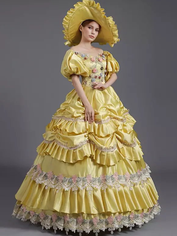 Robe vintage jaune en dentelle et polyester chapeau en dentelle costume victorien pour femme du XVIIIe siècle