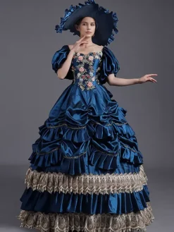 Robe vintage jaune en dentelle et polyester chapeau en dentelle costume victorien pour femme du XVIIIe siècle