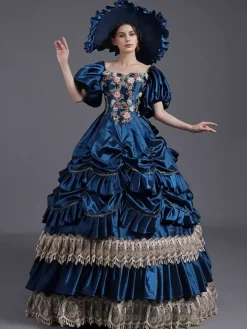 Robe vintage jaune en dentelle et polyester chapeau en dentelle costume victorien pour femme du XVIIIe siècle