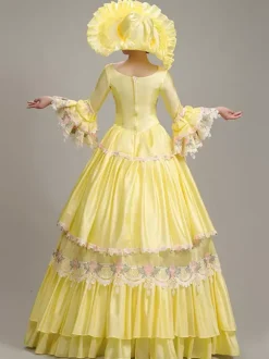 Robe vintage jaune pour femme ensemble en polyester brodé en dentelle robe victorienne