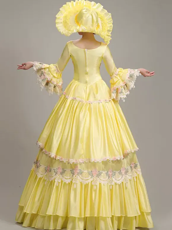Robe vintage jaune pour femme ensemble en polyester brodé en dentelle robe victorienne