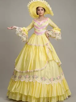 Robe vintage jaune pour femme ensemble en polyester brodé en dentelle robe victorienne
