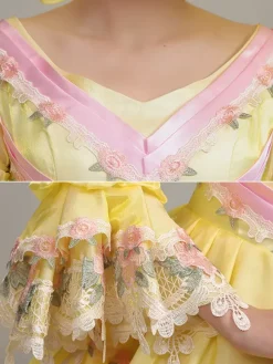 Robe vintage jaune pour femme ensemble en polyester brodé en dentelle robe victorienne