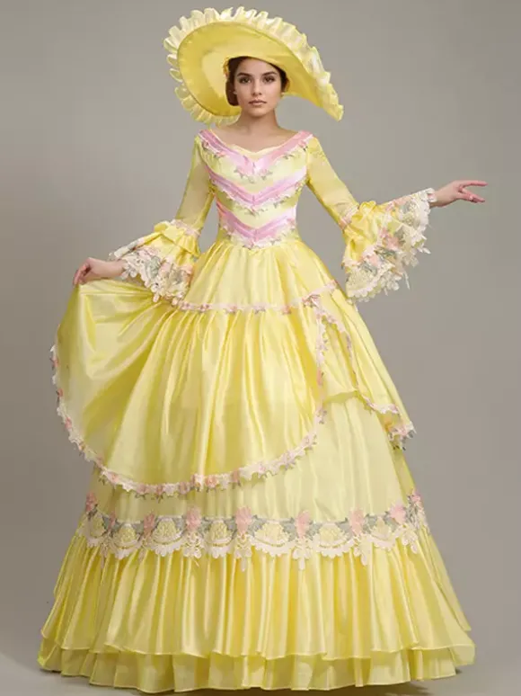 Robe vintage jaune pour femme ensemble en polyester brodé en dentelle robe victorienne