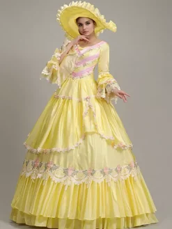 Robe vintage jaune pour femme ensemble en polyester brodé en dentelle robe victorienne