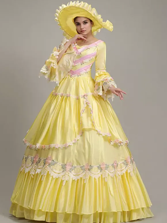 Robe vintage jaune pour femme ensemble en polyester brodé en dentelle robe victorienne