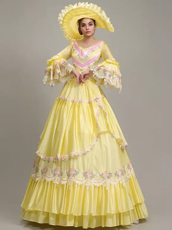 Robe vintage jaune pour femme ensemble en polyester brodé en dentelle robe victorienne