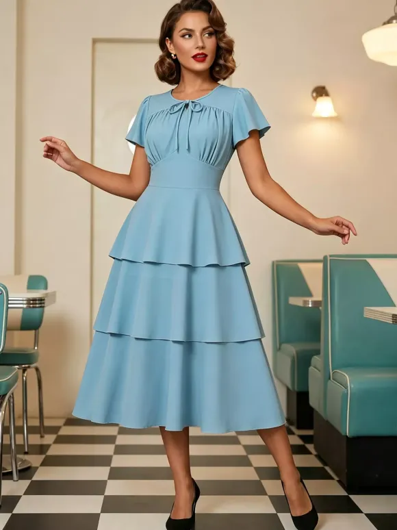 Robe vintage élégante pour femme robe midi à volants manches courtes papillon n艙ud sur le devant coupe cintrée et évasée