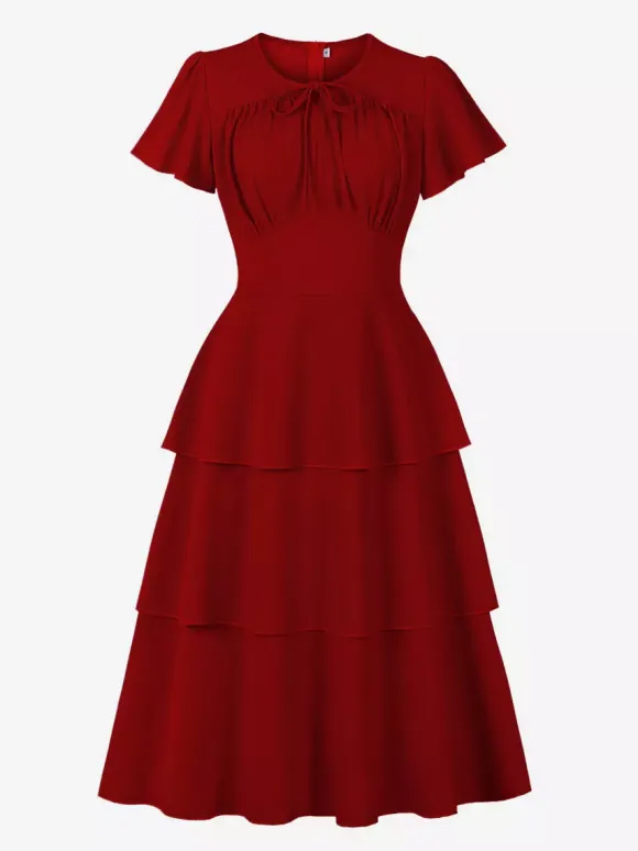 Robe vintage élégante pour femme robe midi à volants manches courtes papillon n艙ud sur le devant coupe cintrée et évasée