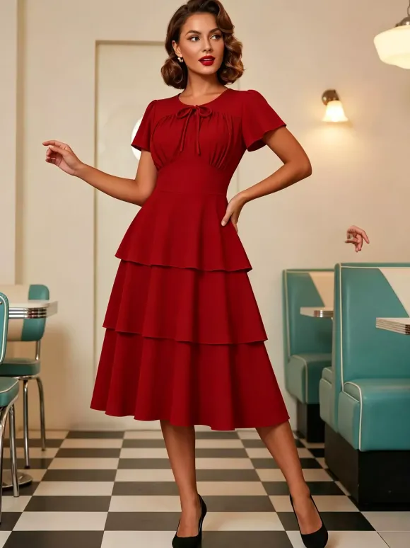 Robe vintage élégante pour femme robe midi à volants manches courtes papillon n艙ud sur le devant coupe cintrée et évasée
