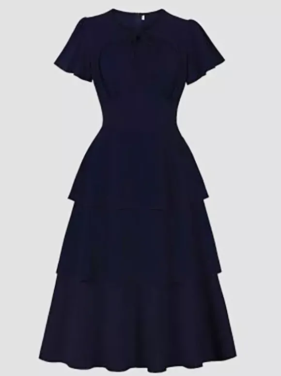 Robe vintage élégante pour femme robe midi à volants manches courtes papillon n艙ud sur le devant coupe cintrée et évasée
