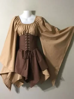 Robe vintage médiévale Opéra à manches longues en couches marron