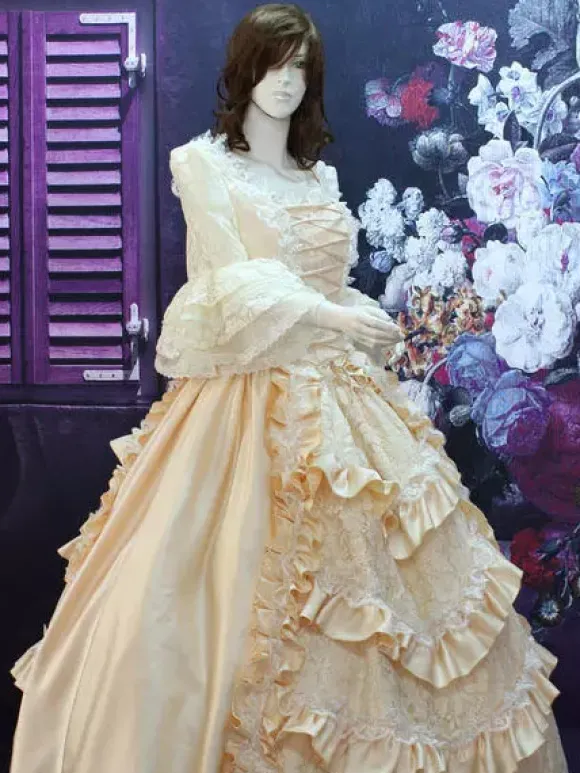 Robe Vintage Médiévale Rococo Opéra Beige Court dentelle volants robe Costume synthétique