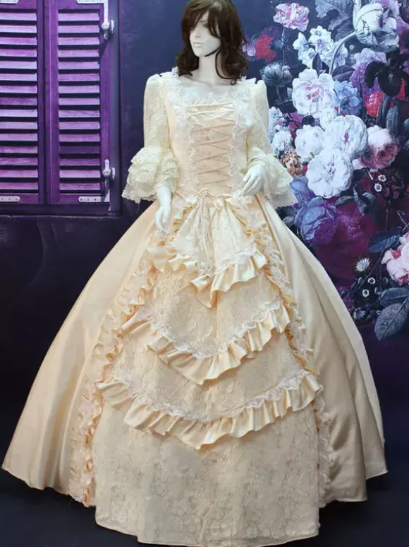 Robe Vintage Médiévale Rococo Opéra Beige Court dentelle volants robe Costume synthétique