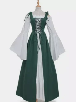Robe Vintage Médiévale Rétro Verte Blanche Manches Longues Robe Costume Quotidien Cosplay Halloween Bourgogne