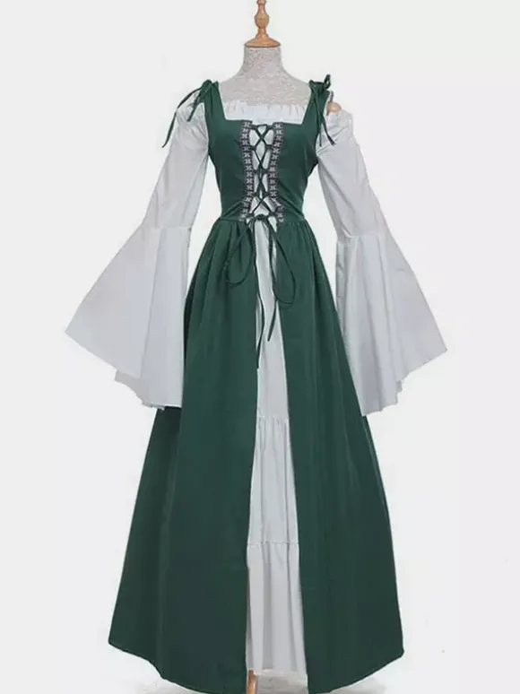 Robe Vintage Médiévale Rétro Verte Blanche Manches Longues Robe Costume Quotidien Cosplay Halloween Bourgogne