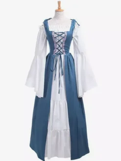 Robe Vintage Médiévale Rétro Verte Blanche Manches Longues Robe Costume Quotidien Cosplay Halloween Bourgogne