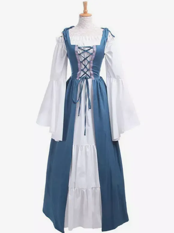 Robe Vintage Médiévale Rétro Verte Blanche Manches Longues Robe Costume Quotidien Cosplay Halloween Bourgogne