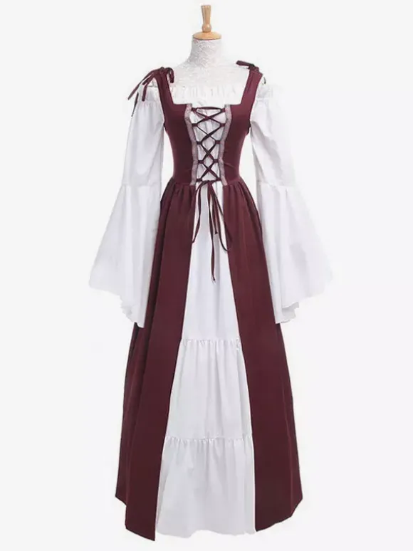Robe Vintage Médiévale Rétro Verte Blanche Manches Longues Robe Costume Quotidien Cosplay Halloween Bourgogne