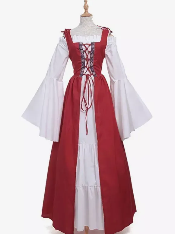 Robe Vintage Médiévale Rétro Verte Blanche Manches Longues Robe Costume Quotidien Cosplay Halloween Bourgogne