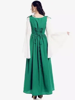 Robe Vintage Médiévale Rétro Verte Blanche Manches Longues Robe Costume Quotidien Cosplay Halloween Bourgogne