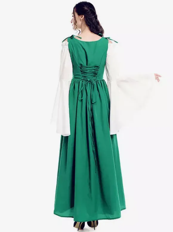 Robe Vintage Médiévale Rétro Verte Blanche Manches Longues Robe Costume Quotidien Cosplay Halloween Bourgogne