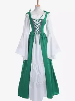 Robe Vintage Médiévale Rétro Verte Blanche Manches Longues Robe Costume Quotidien Cosplay Halloween Bourgogne